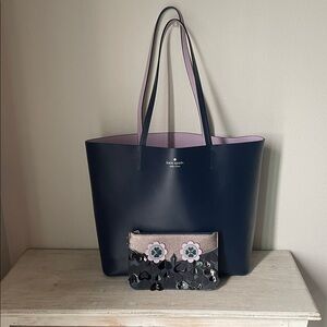 Kate Spade Dark Blue and Lavender Tote with Floral Pouch